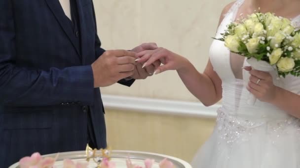 Noiva e noivo trocam anéis de casamento na cerimônia. Coloque o anel de jóias dedo. — Vídeo de Stock