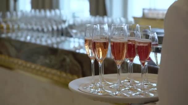 Kelner lub kelnerka spaceruje z tacą i kieliszkami do wina szampanem alkoholowym — Wideo stockowe