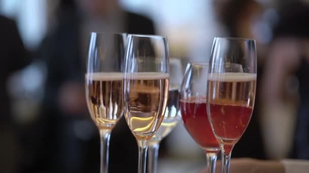 Číšnice nebo servírka chodí s podnosem a sklenicemi na víno alkoholické nápoje šampaňské — Stock video