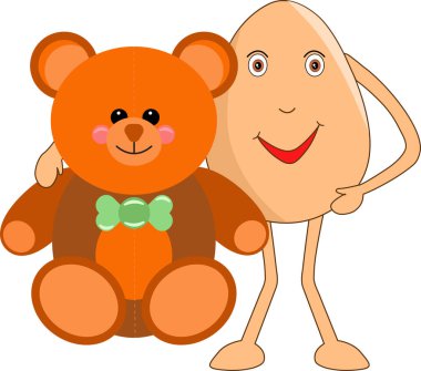 Oyuncak ayı gününde elinde dev bir oyuncak ayıyla mutlu yumurta karikatürü. Vektör İllüstrasyonu. 