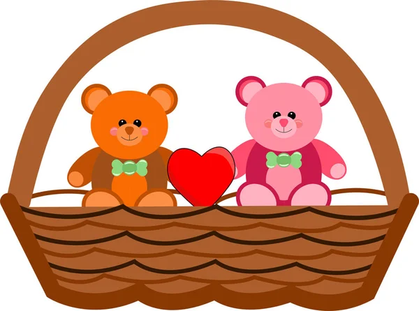 Houten Mand Met Teddy Bears Vector Illustratie — Stockvector
