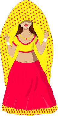 Hintli Bayan Lehnga Choli Giyiyor Ghoonghat Vektör Çizim Çizimi