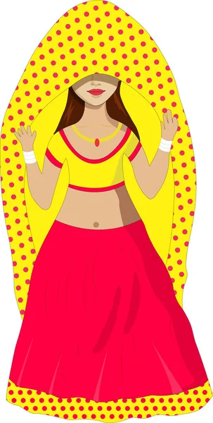 Indian Lady Wearing Lehnga Choli Doing Ghoonghat Vector Illustration Cartoon — Stock Vector