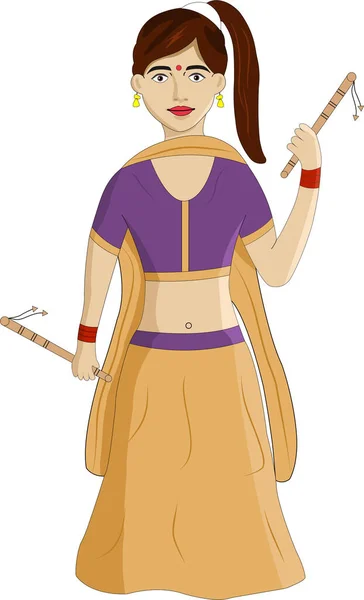 Ινδικό Κορίτσι Gujrati Φορώντας Lehnga Choli Και Κρατώντας Dandia Sticks — Διανυσματικό Αρχείο