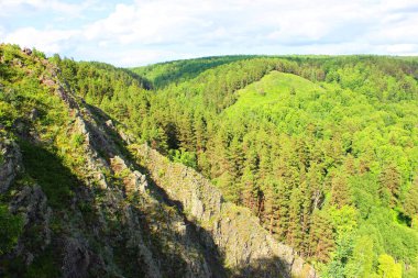 Ağaçların yaprakları arasında dağ manzarası. Zirvenin tepesinden nefes kesici panoramik manzara. Dağ manzarası. Dağlarda gümüş devedikeni. Dağlarda zirve. Atmosferik dağ