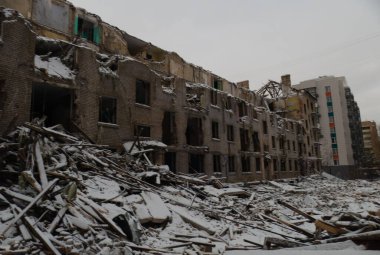 destroyed multi-storey residential building in the city