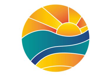 Güneş logosu ve deniz dalgaları içeren soyut bir şablon. Seyahat işi için konsept tasarım logosu. Daire şeklinde deniz manzaralı seyahat acentası logosu, güneş ve dalgalar