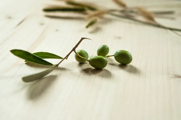 Branch Olives Wood Table Background Concept Idea Food Cook Rustic — Stock Photo, Image