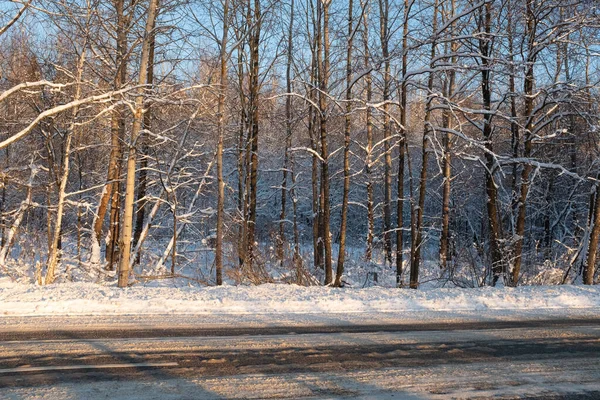 Horizontal Snow Covered Road Winter Forest Sunset Winter Landscape Road — Fotografia de Stock