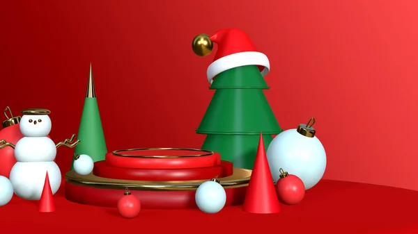 Render Vermelho Ouro Cor Pódio Com Elemento Árvore Natal Feriado — Fotografia de Stock