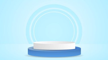Mavi arka planda beyaz podyum, 3D sahne ürünleri, kozmetik ürünler, illüstrasyon 3d Vector EPS 10