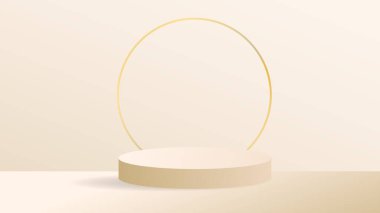 Ürün gösterimi için soyut arkaplan, altın yüzük ve podyum ve kırmızı zemin, sunum için 3d podyum, illüstrasyon 3d Vector EPS 10