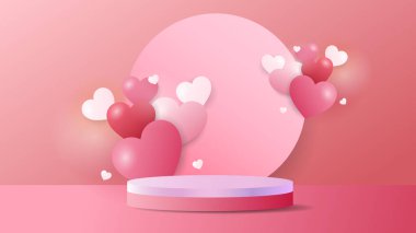 Pembe arka planda Sevgililer Günü 'nde kalbi olan podyum, Modern tasarım 3D illüstrasyon Vector EPS 10