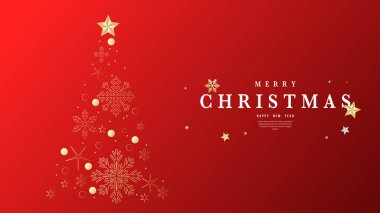 Kırmızı zemin üzerinde kar tanelerinden ve altın yıldızlardan oluşan Noel ağacıyla Mutlu Noeller, Düz Modern tasarım, illüstrasyon Vektörü EPS 10