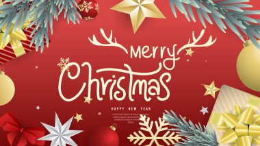 Kırmızı arka planda Element ile Mutlu Noeller, Düz Modern tasarım, illüstrasyon Vector EPS 10