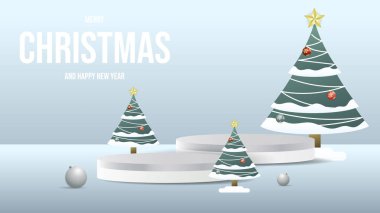 Noelde Noel ağacı ve balo ile birlikte podyum 3d resim şablonu mavi arka planda, çevrimiçi içerik için, illüstrasyon Vector EPS 10