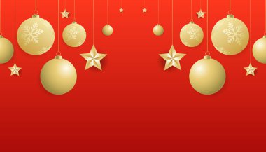 Altın Noel baloları ve Noel tatilinde kırmızı arka planda Star Golden, Vektör illüstrasyon EPS 10