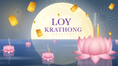Loy Krathong festivali tasarımı, Lotus yaprakları ve yüzen fenerlerden yapılmış Pembe Krathong dolunay gecesi Tayland 'da Loy Krathong festivali kutlaması, Vector Modern tasarımı