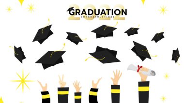 Tebrikler mezuniyet şapkası. Mezuniyet tasarımı şablonu beyaz arkaplanda izole edildi, Vektör illüstrasyon EPS 10 