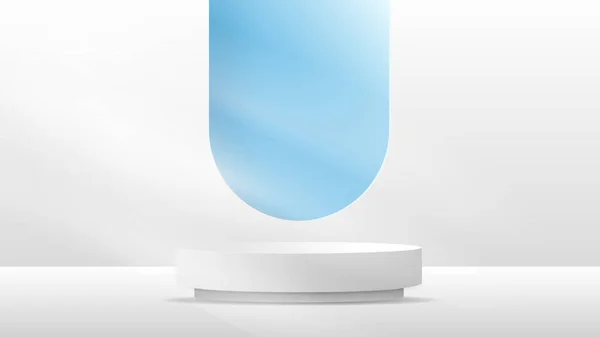 具有窗口蓝天最小背景的白色软垫 3D舞台平台展示产品 展台展示化妆品 说明3D矢量Eps — 图库矢量图片
