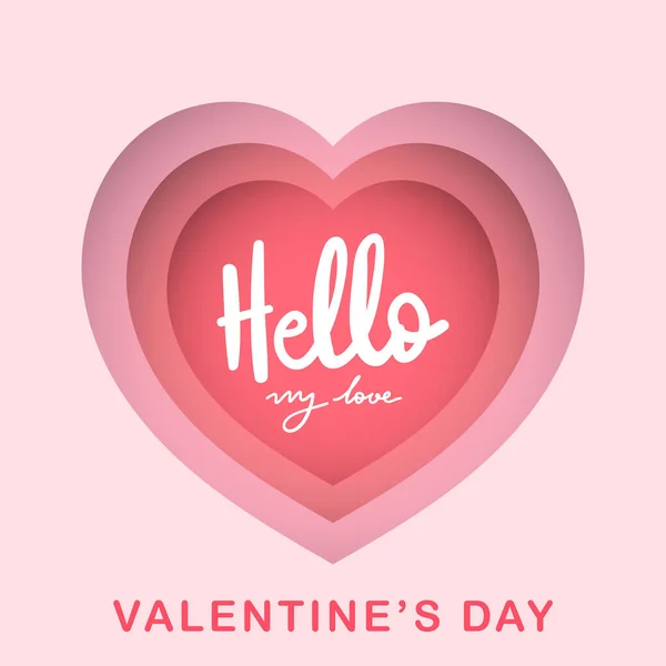 Hello Heart Paper Cut Valentine Day Pink Background Flat Modern — стоковий вектор