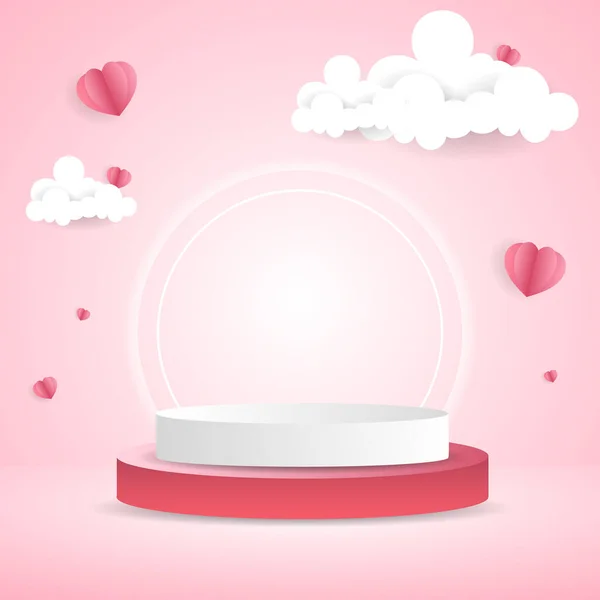 Podium Mit Wolke Und Herz Zum Valentinstag Auf Rosa Hintergrund — Stockvektor