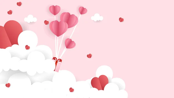 ピンクの背景にコピースペースを持つバレンタインデーの雲の上に紙ピンクのハートでギフト フラットモダンデザイン イラストベクトルEps — ストックベクタ