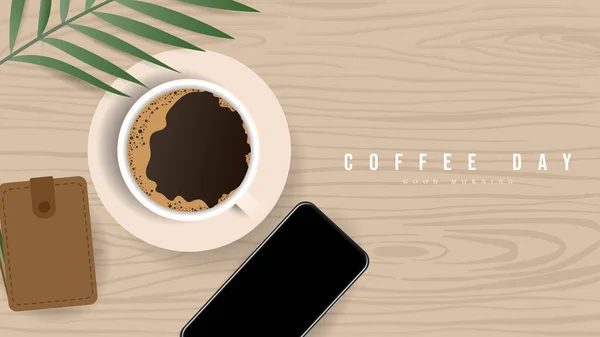 Kaffeetasse Von Oben Mit Smartphone Und Notebook Vektor Isoliert Auf — Stockvektor