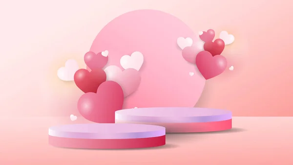 Illustration Podium Minimale Rosa Produktpräsentation Mit Herz Auf Rosa Hintergrund — Stockvektor