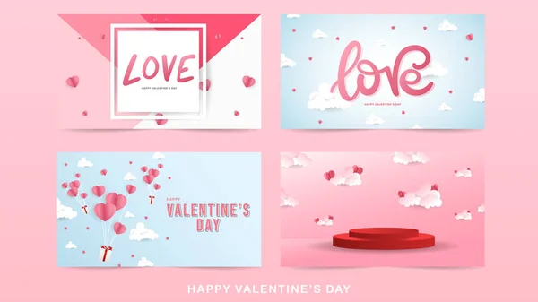 Set Card Valentine Day Love Handwriting Cloud Pink Background Flat — Stock Vector