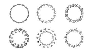 Çiçek çerçevelerini, sınırları, çelenkleri moda çizim çizgisini, çizgi sanat tarzını izole arkaplanı, Vektör illüstrasyonunu EPS 10 'u ayarla