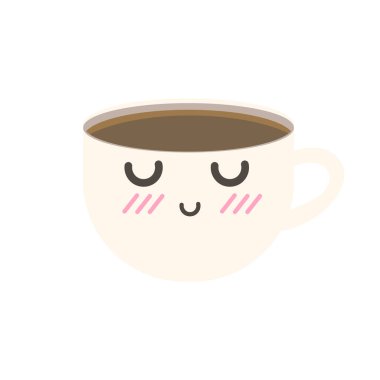 Gözleri kapalı ve gülümseyen bir fincan sıcak kahve beyaz arka planda izole edilmiş, Vector illüstrasyon EPS 10