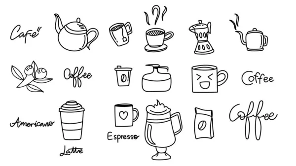 Kaffe Mugg Kaffebryggare Olika Typer Kaffe Handritade Vackra Linjer Isolerad — Stock vektor