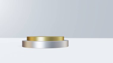 Ürün sunumu için soyut arkaplan Altın Podyumu beyaz bir duvarda, 3D görüntüleme.