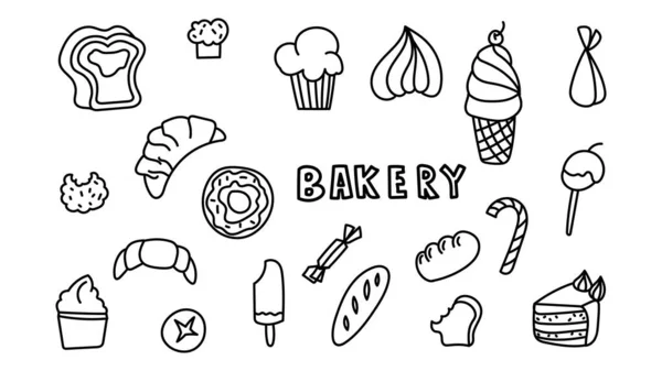 Hand Drawn Line Bakery Elements Isolated White Background Vector Illustration — Stockvektor