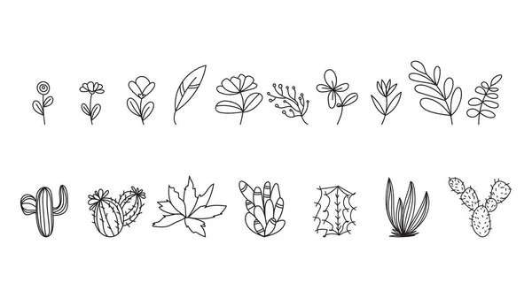 Set Leaves Many Shapes Hand Drawn Lines Isolated White Background — Vetor de Stock