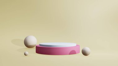 Soyut arkaplan pembe podyum renkli top şekilleri ile sarı arka planda 3D, 3D resimlendirme