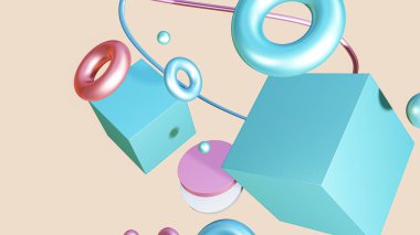 Parlak renkli arkaplan şekillerinde, soyut arkaplan yüzen geometrik şekiller mor arkaplan üzerinde 3d, 3D resimleme