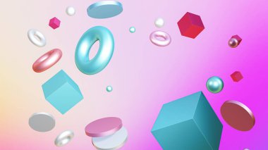 Parlak renkli arkaplan şekillerinde, soyut arkaplan yüzen geometrik şekiller mor arkaplan üzerinde 3d, 3D resimleme