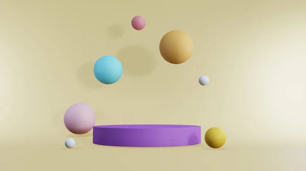Abstrato Fundo Púrpura Pódio Com Colorido Bola Formas Fundo Amarelo — Fotografia de Stock
