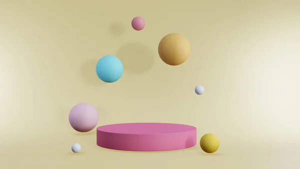 Abstrato Fundo Rosa Pódio Com Colorido Bola Formas Fundo Roxo — Fotografia de Stock