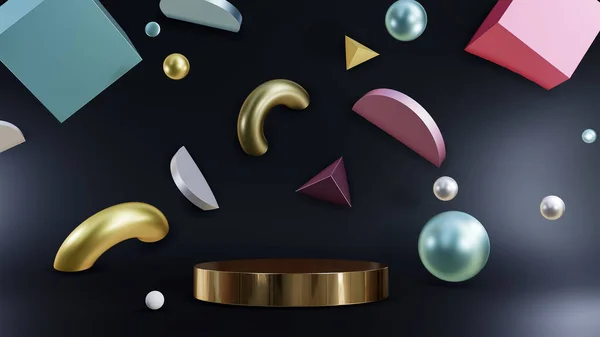 Gold Podium Für Produktdisplay Mit Geometrischen Formen Auf Schwarzem Hintergrund — Stockfoto