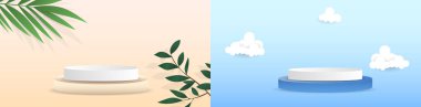 Abstract backdrop for product display set white  podiums and curved background Rounded leaves and tropical on blue background with copy space , illustration 3d Vector EPS 10