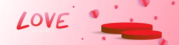 Banner Red Podium Valentine Day Pink Background Modern Design Illustration — ストックベクタ