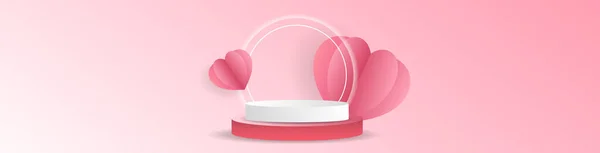 Banner Podium Com Coração Dia Dos Namorados Sobre Fundo Rosa — Vetor de Stock