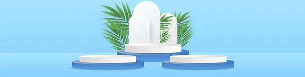 Banner Product Display White Blue Podiums Plants Leaves Tropical Cloud — 图库矢量图片