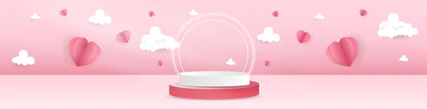 Banner Podium Heart Valentine Day Pink Background Flat Modern Design — Stock Vector