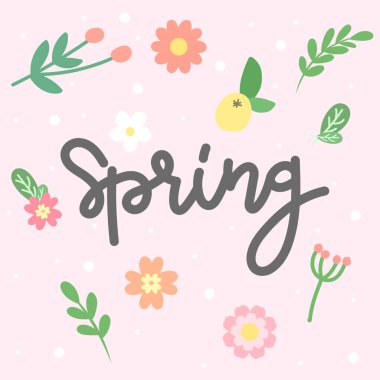 Pembe zemin üzerinde çiçek izole edilmiş bahar el yazısı, Vektör İllüstrasyonu EPS 10