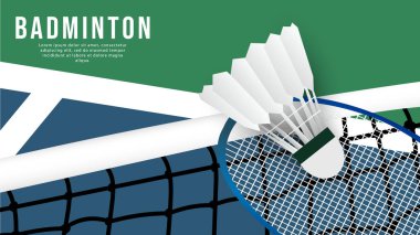 Shuttlecock on the white net and court indoor badminton sports wallpaper   background  with copy space,  illustration Vector EPS 10