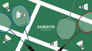 Badminton racket with white badminton shuttlecock on white line on green background badminton court indoor badminton sports wallpaper with copy space  ,  illustration Vector EPS 10